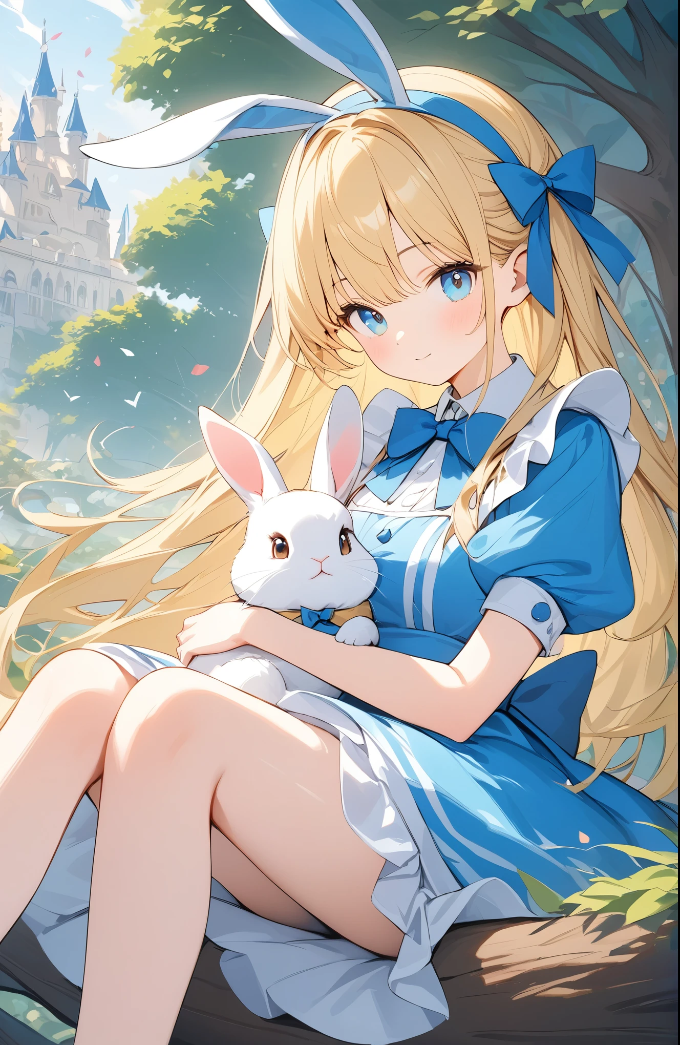 ((Amazingly absurd)),超High resolution, Attention to detail, high quality, High resolution, 最high quality, 4K, 8k,Fairytale background、Alice in Wonderland、Blue Costume、Blonde、Blue Eyes、Sitting on a tree、(Rabbit on lap:1.2)