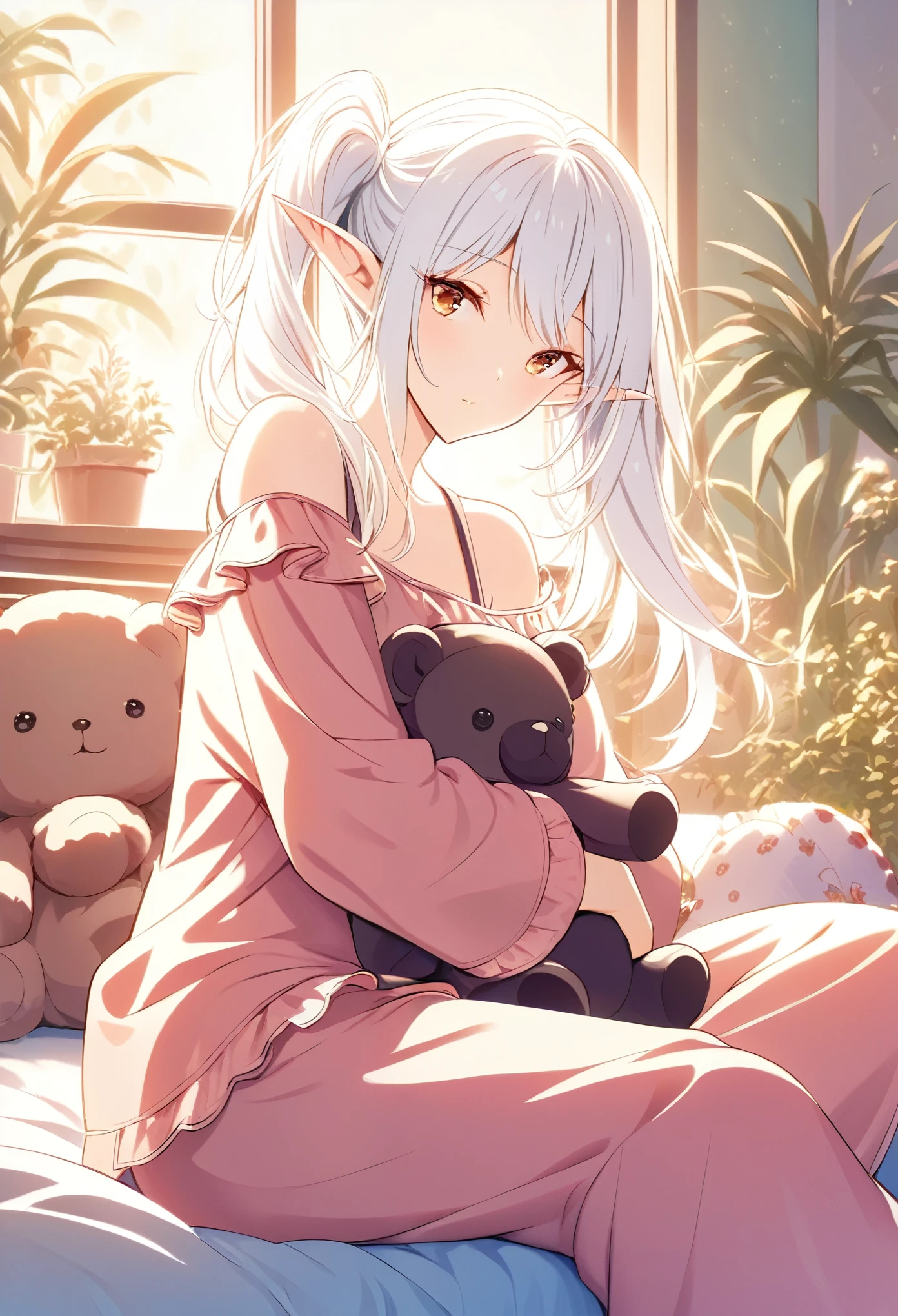 (mastepiece:1.2), detailed fingers, beautiful woman, sitting on bed, wearing loose off-shoulder top, pajama pants, white hair, side ponytail, indoors, soft lighting, plants in background, window with sunlight, cozy room, relaxed pose, intricate details, warm colors, pointy ears, elf, Holding a stuffed teddy bear, 