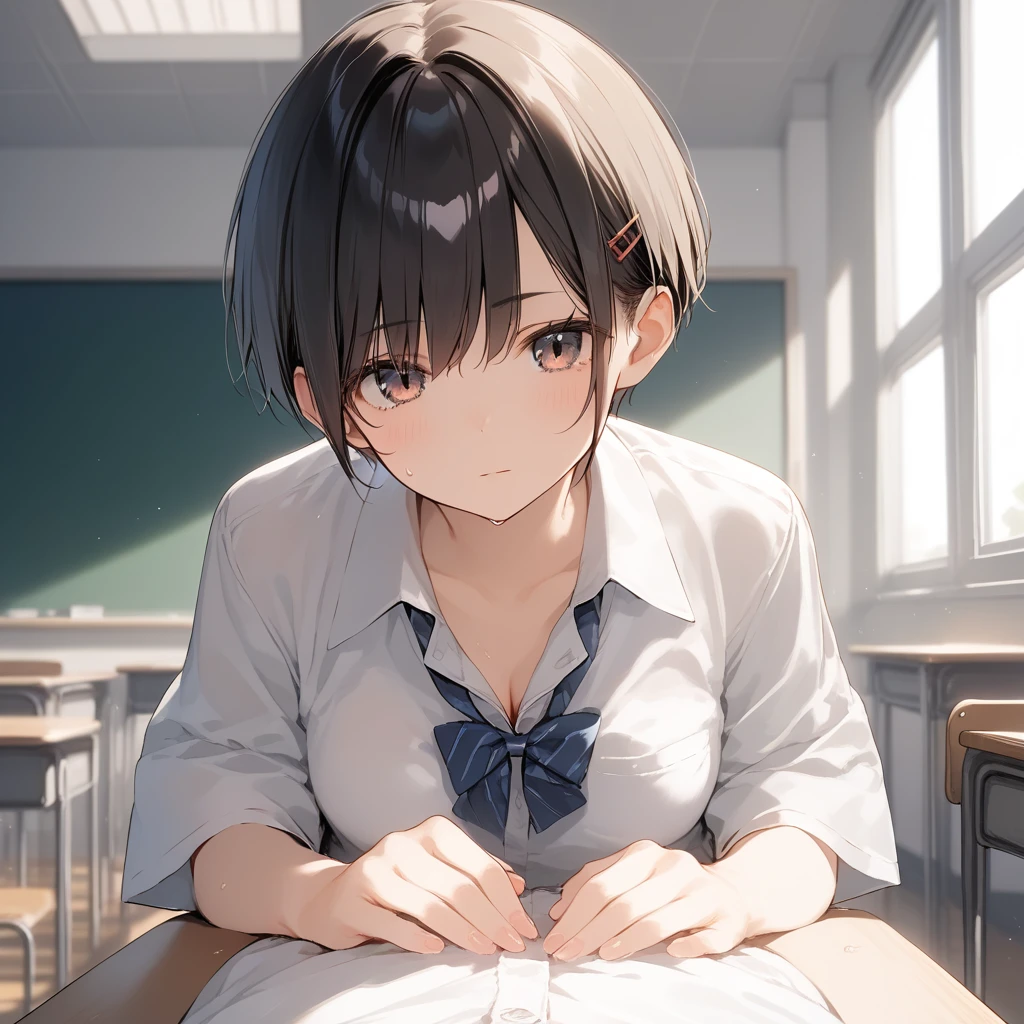 score_9, score_8_up, score_7_up, source_anime, best quality, masterpiece, official art, absurdres, highres, ultra-detailed,waifu2x,Collection: Pixiv 1000,break,1girl, school girl, very short hair, pixie cut, medium breasts, slender, thighs, beautiful detailed eyes, expressionless, sweat, sleepily, (disgust:0.3), pov, school classroom, indoors, break,(clear line illustration:1.2), super detailed skin, shiny skin, very high resolution, very aesthetic, Best sexual lighting powered by famous artist, 4k, 8k, 16k, cute picture, beauty illustration,photoshop_(medium),,(Detailed Lighting),best anime 8k konachan wallpaper, pixiv contest winner,