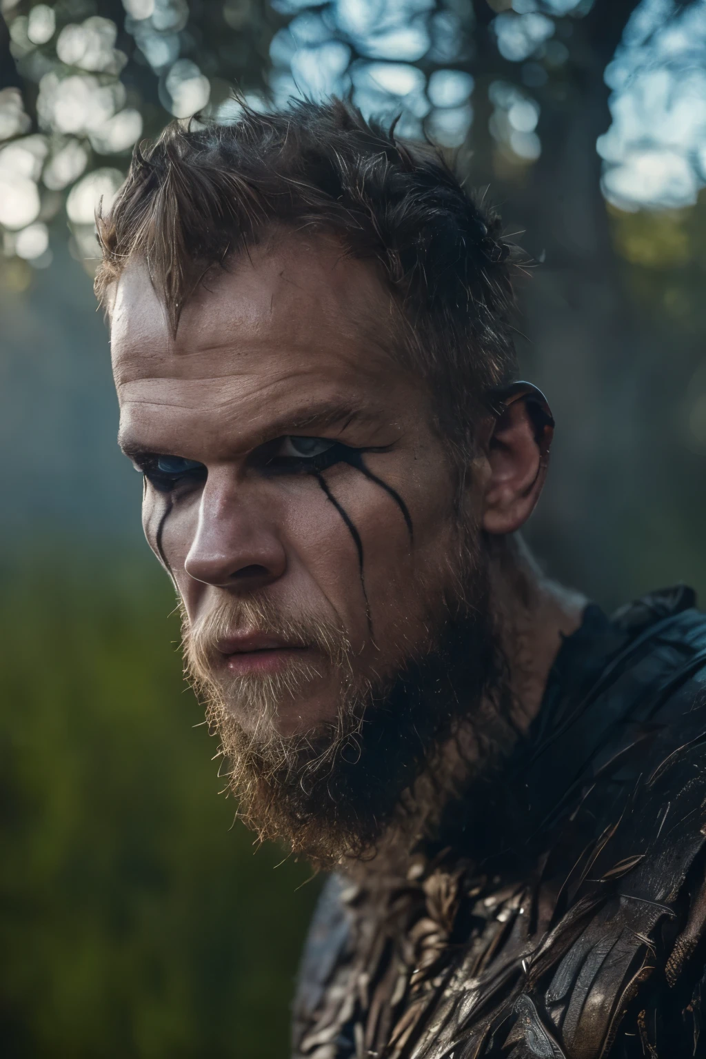 Hyper-realistic cinematic artwork of Floki from the Vikings series, captured in a dynamic pose with the sensation of movement, as if he's emerging from shadows in a dense, misty forest. His intense gaze and intricate facial tattoos are emphasized, reflecting his eccentric and mystical nature. The scene is bathed in a cold, harsh light that contrasts with the dark, ominous surroundings, capturing the grim atmosphere of the Viking era. The image should convey a sense of depth, with a strong focus on three-dimensionality, highlighting Floki's enigmatic and chaotic personality, set against the backdrop of the Norse world.