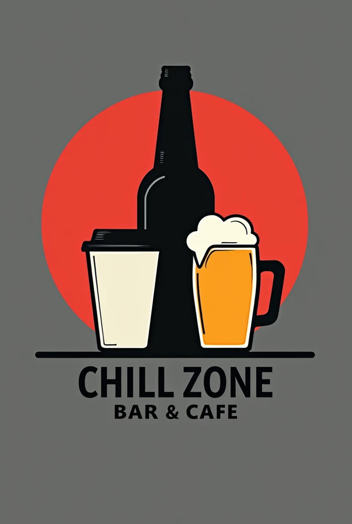 I have the photo only few changes can A logo featuring a coffee cup, beer bottle, a beer mug, and a beer bottle, designed in a simple, modern style. The coffee cup, beer bottle, beer mug, and beer bottle are the main focus. The background is in vibrant,  colors gray,red and black with a clean, contemporary look. The text 'CHILL ZONE BAR & CAFE' is included at the bottom in a modern font. The overall design should be sleek, visually appealing, and emphasize a casual and welcoming atmosphere.i upload it