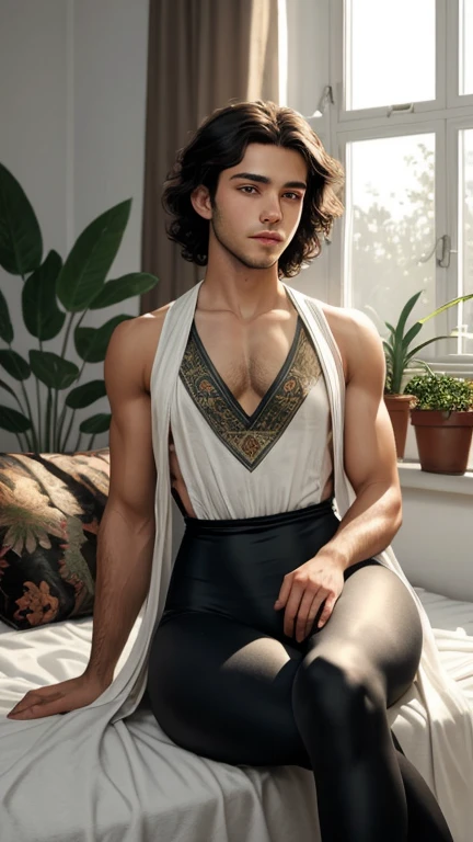 (photorealism:1.2), young man, sitting on bed, wearing loose cultivation dress,, very short spikey boyish hair, indoors, soft lighting, plants in background, window with sunlight, cozy room, relaxed pose, realistic, intricate details, warm colors, by Greg Rutkowski, by Alphonse Mucha, wide hips , long legs, thick thighs, large feminine hips, thin and narrow weist, leggings , hot man