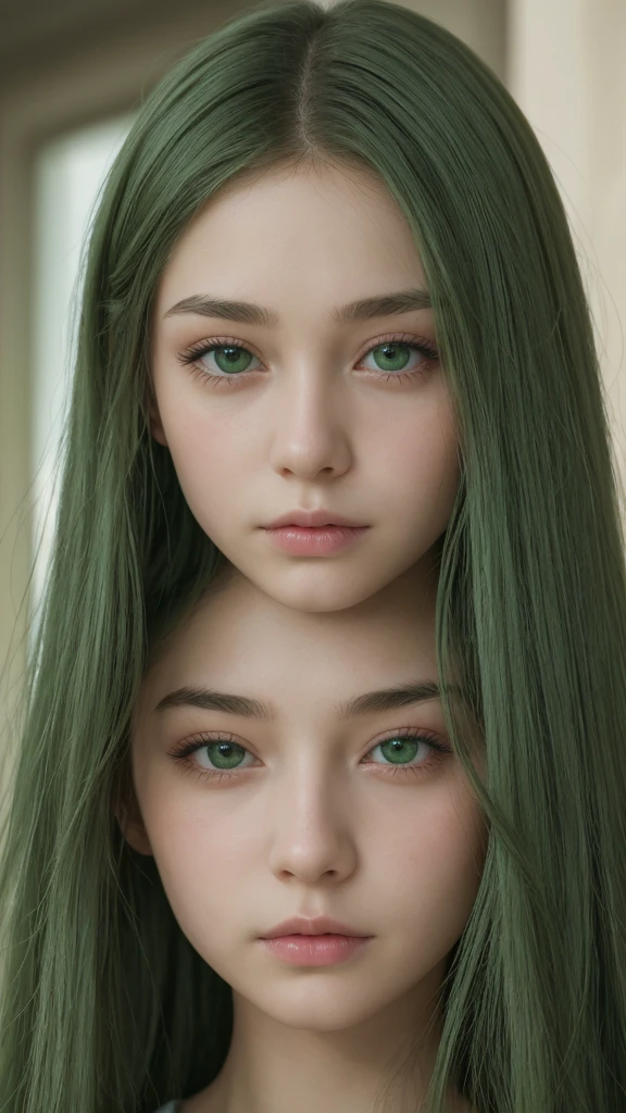 a girl, european, extremely detailed face, oval face, delicate features, charming and extremely detailed half-closed eyes, green eyes, long straight and very thick hairstyle, green hair, sad disappointed expression
