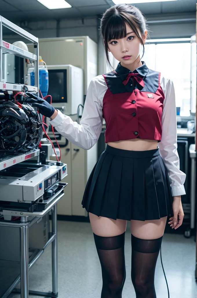 masterpiece, Best Quality, Extremely detailed, Japaese android highschool Girl,Plump ,Navy Pleated Mini Skirt,Black tights,control panels,android,Droid,Mechanical Hand, Robot arms and legs, Black Robot Parts,Black hair,Mechanical body,Blunt bangs,White abdomen,White Robotics Parts,perfect robot woman,The laboratory of the future,cyberpunked,Charging spot,android factory,Robot Factory,cyborg factory,Long Tube,A thick cable connects her neck,ceramic body,blue eyes,Mechanical body,android,robot humanoid,japanese highschool girl uniform,perfect robot girl