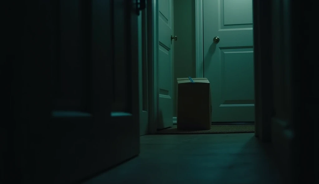A medium-sized, unwrapped package blocking a closed front door of a single-person apartment building in the US at night. The scene is dimly lit with an eerie glow. A diagonal angle shot focusing on the package with a narrow depth of field. Create a spooky atmosphere. A mysterious, unadorned package left on a doorstep of a single-person apartment building in the US in the dark. The only light source is an ominous glow emanating from the package. The diagonal shot and shallow depth of field should create a sense of dread and anticipation. A forgotten package, left on a doorstep of a single-person apartment building in the US in the dead of night. The viewer should feel a sense of unease as they peer through a keyhole at the ominous object. The diagonal composition and shallow depth of field emphasize the isolation and mystery. A dark, narrow hallway of a single-person apartment building in the US. A single ray of light illuminates a medium-sized, plain package blocking a door. The diagonal composition and shallow depth of field create a sense of unease and isolation.