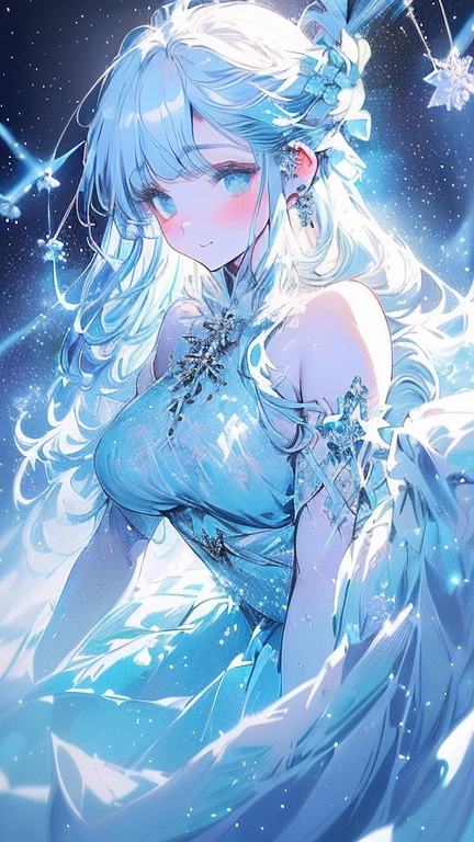 ((Highest quality)),((Detailed anime)),(((Delicate winter fairy, Icy blue wings, Dancing gracefully in the snowy forest. Her hair is as white as fresh snow, Decorated with tiny icicles that sparkle in the moonlight. She is wearing a gown made of frosty lace and snowflakes, And her breath is small, Clouds sparkling in the cold air. The forest is quiet and peaceful, Tall pine trees covered in thick snow. The ground is dotted with sparkling ice crystals and frozen streams.. background, The Aurora Borealis casts a magical glow across the sky, Creates an otherworldly atmosphere. Fantasy art style, Detailed and vivid textures, Cool color palette))),((Browsing Caution)),(((Sexy pose))