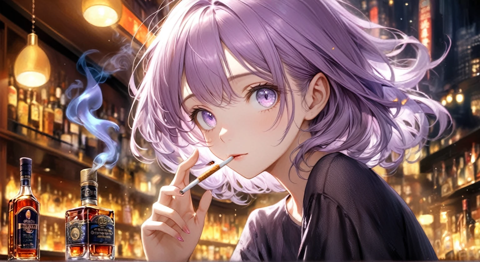 ((Highest quality,8k,32K,masterpiece,Ultra-high resolution :1.2 ),born,One person,Super cute,Natural light,Clear, shining eyes,20-year-old,Fair skin,Fantastic night city electronic world fantasy background,Light purple hair,Mature woman,Smoking a cigarette,liquor,bar