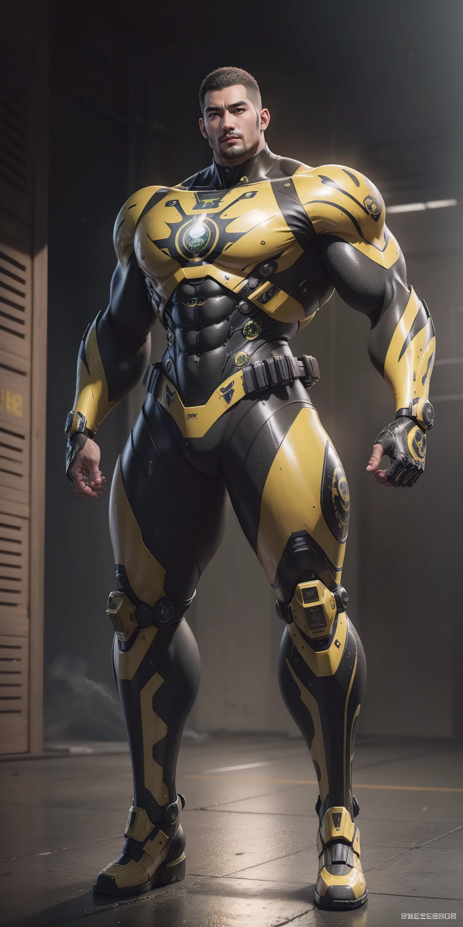 Tall giant muscular police officer,Yellow and black camouflage patterned nano mecha,Honeycomb pattern,Lightweight texture,Character Concept(Resident Evil - Chris Redfield,Chris Redfield)senior police officer,Small grid texture,Regular symmetrical texture pattern,Sad expression,Deep and charming eyes,Standing in a bright mechanical laboratory,Emerald Eyes Hero,Heroic male pose,Tall burly,muscular!Attractive leg muscles,High target, Burly, Heqiang, Super Buff and Coolness, High Resolution Committee, Bigfoot yellow-gray ultra-thin nano-mechanical boots,Charismatic strongman,The bright sunshine shines on you,Matte particles,Shiny texture