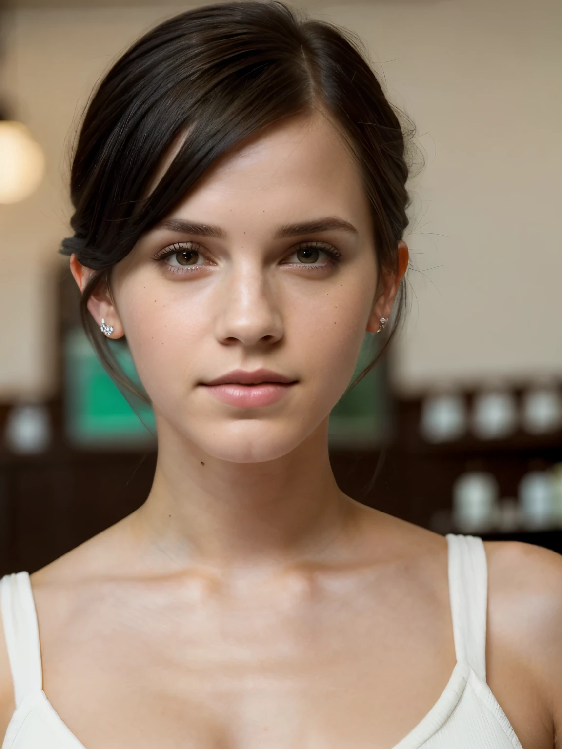 one woman, 26 years old, with black hair, Mix out of 10% Emma Watson and 15% Scarlet Johansson and 20% Rihanna, 172cm height, 68kg weight, clear green eyes, long lashes, perfectly shaped eyebrows, slim and well-defined body, curvy body, thin nose, small ears, full lips, white teeth, small soft hands, painted fingernails, wearing casual clothes, high resolution, masterpiece, best quality, intricate high detail, highly detailed, sharp focus, detailed skin, realistic skin texture, real skin texture, realistic texture, professional, real life, ultra-realistic, photorealism, photography, realistic photography, UHD, indoor at hairdresser
