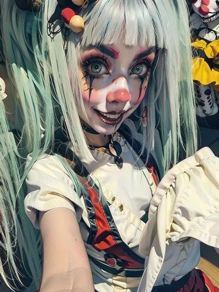 Gruesome and spooky details、An atmosphere full of suspense and tension、Psychological horror、Cute Smile、Clowns and circus atmosphere、A terrifying moment、Psychedelic dream scenario、Alice in Wonderland、Enthusiastic atmosphere、Mischievous Smile、Expressive gestures、Comical movement、Gray Hair、White costume,sexy,Small bra and panties、