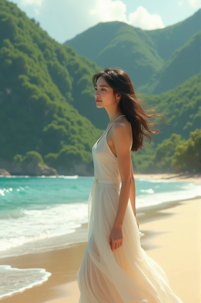 Portrait of a young woman walking on a beautiful beach surrounded by green hills