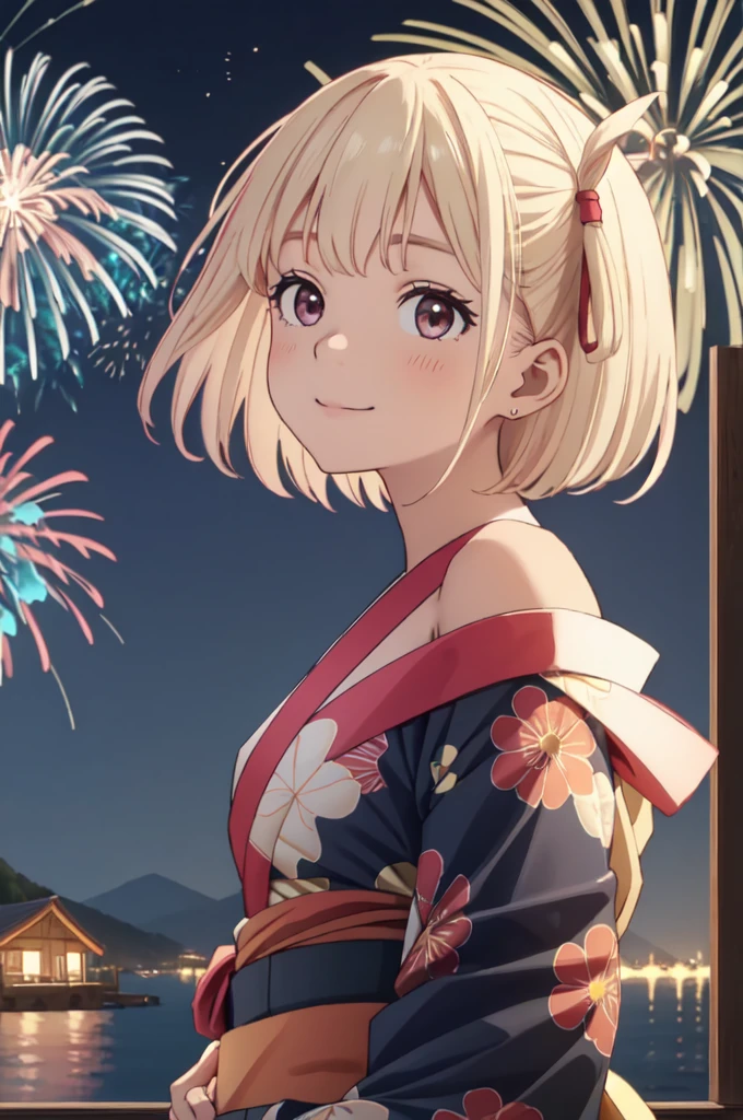 masterpiece, best quality, ultra detailed, highres, extremely detailed CG unity 8k wallpaper, perfect lighting, very detailed background, beautiful and aesthetic,sharp focus, perfect face, dynamic pose, dynamic angle,
1girl, upper body, (portrait:1.1), multicolored yukata, kanzashi, looking at viewer, full-face blush, from side, from below, smile,
night, dark sky, misty lake, mountainous horizon, BREAK,aerial fireworks, (Full of sky fireworks:1.2),
Shoulder Bare、Off the shoulder、Blonde、Bobcut