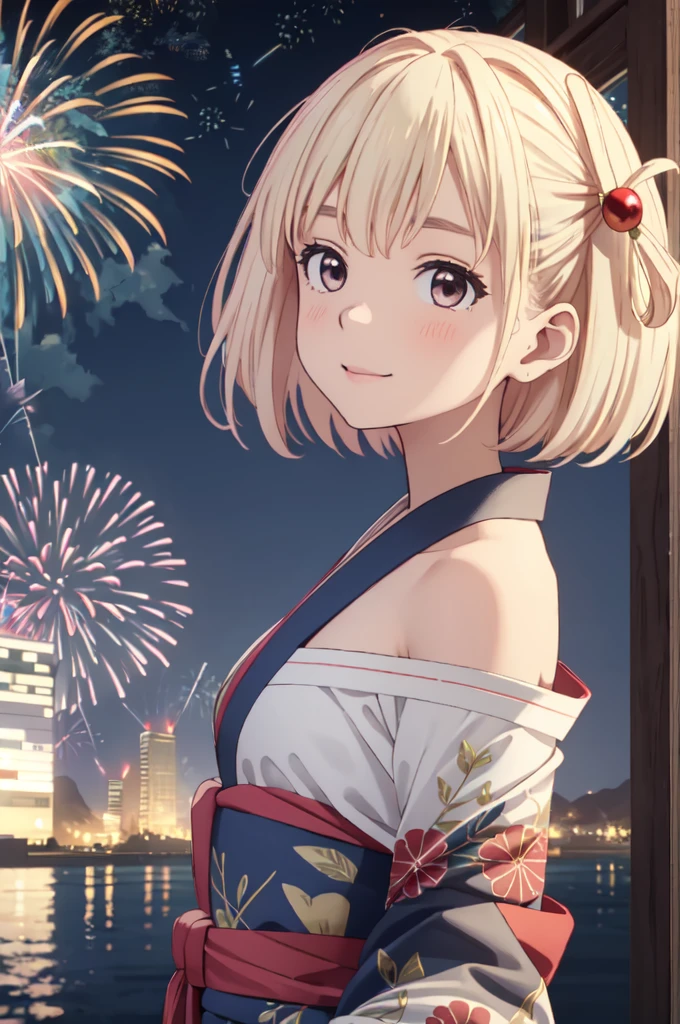 masterpiece, best quality, ultra detailed, highres, extremely detailed CG unity 8k wallpaper, perfect lighting,  very detailed background, beautiful and aesthetic,sharp focus, perfect face, dynamic pose, dynamic angle,
1girl, upper body, (portrait:1.1), multicolored yukata, kanzashi, looking at viewer,  full-face blush, from side, from below, smile,
night, dark sky, misty lake, mountainous horizon, BREAK,aerial fireworks,  (Full of sky fireworks:1.2),
Shoulder Bare、Off the shoulder、Blonde、Bobcut