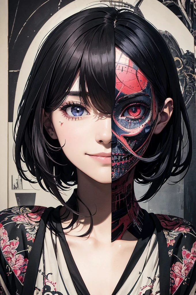 (masterpiece, best quality:1.1), A Grim-Reaper standing in room with many pictures of people photos,detailed face,smile,collage artwork, nostalgic melancholic artwork, collage art, photo collage, inspired by Victo Ngai cmyk palette, collage art background, a contemporary artistic collage,(dark atmosphere),