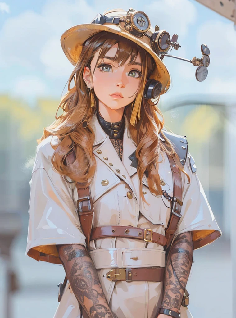 ((Best Quality, 8K, Masterpiece: 1.3)), best quality, ultra high res, a woman in a hat and trench coat with a steampunk hat, wearing steampunk attire, steampunk clothes, steampunk aesthetic, fantasy style clothing, sakimichan, steampunk beautiful anime woman, fashionable rpg clothing, steampunk style, ( steampunk ), (steampunk), beautiful cowboy witch, steam punk style, young girl in steampunk clothes, steampunk girl, rena nounen style 3/4tranger things, down in the sewers of london, advert