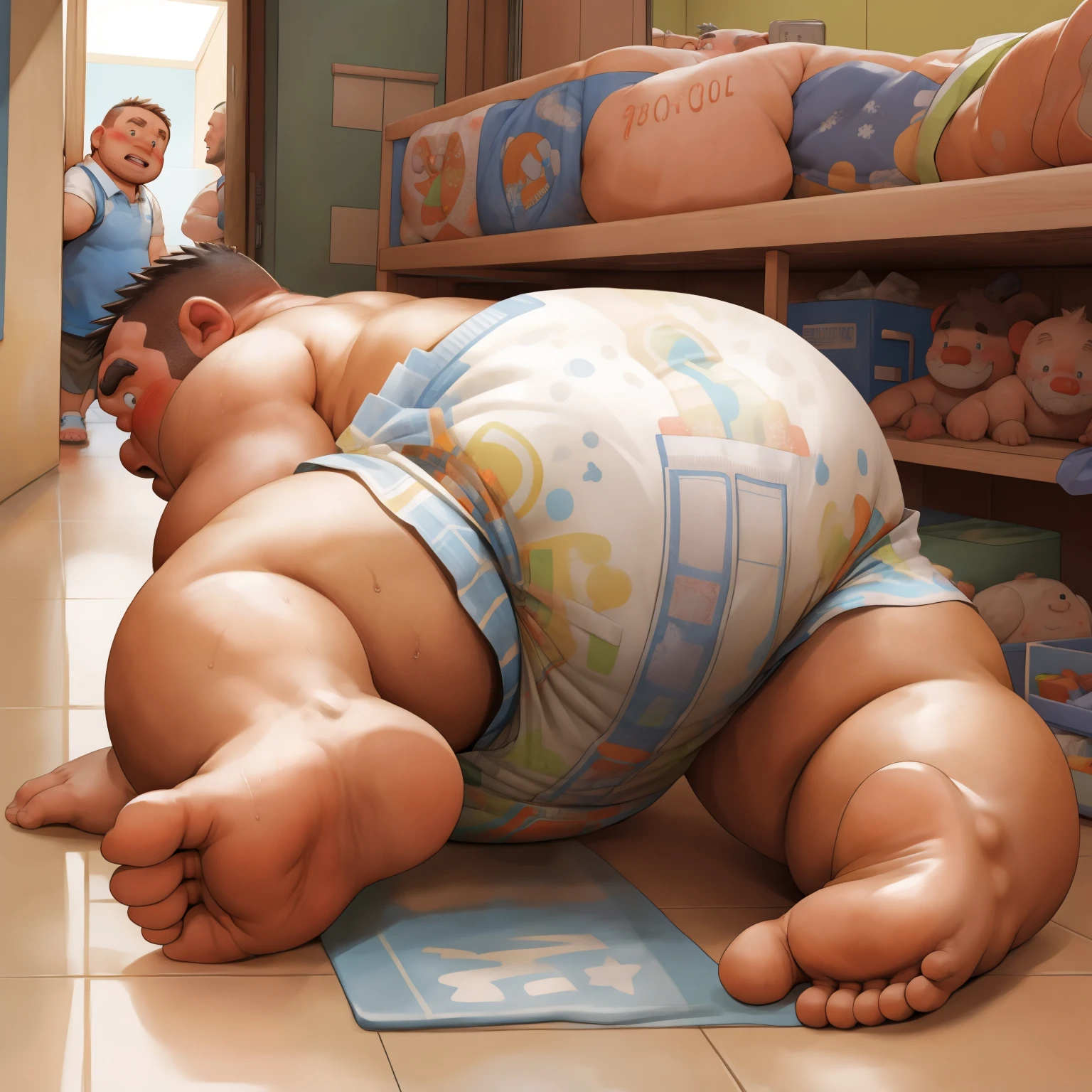masterpiece, Top quality, in 32K, perfect anatomy, hyper detailed, super fine illustration, The thick man is a brutal retarded prisoner, hairy human, 50yo in Japan, (fatness: 1.0), Fatty muscle, Bowleg, disappointment, incontinent, shy, sissy, Weaker than children, Drool, Round face, be diaper check by children, waddle, There is a small puddle under him, incontinent, Bowleg, spread legs, wear a White cloth Diaper, Bare belly, Bare legs, Bare foots, Bare soles, Shirtless, wide forehead and short thinning hair, Man with round face with stubble, Bare foots, Bare soles, He enters and is despised by children, He surrounded by children, His bottom is wet, Bare foots, big butt, he is scolded by the children, White Diaper, He surrounded by children, sobbing, wear a White cloth Diaper, shirtless, There is a small puddle under him, He enters nursery school and is despised by children, big butt, sobbing, He crawling to go to children, on all fours, side view