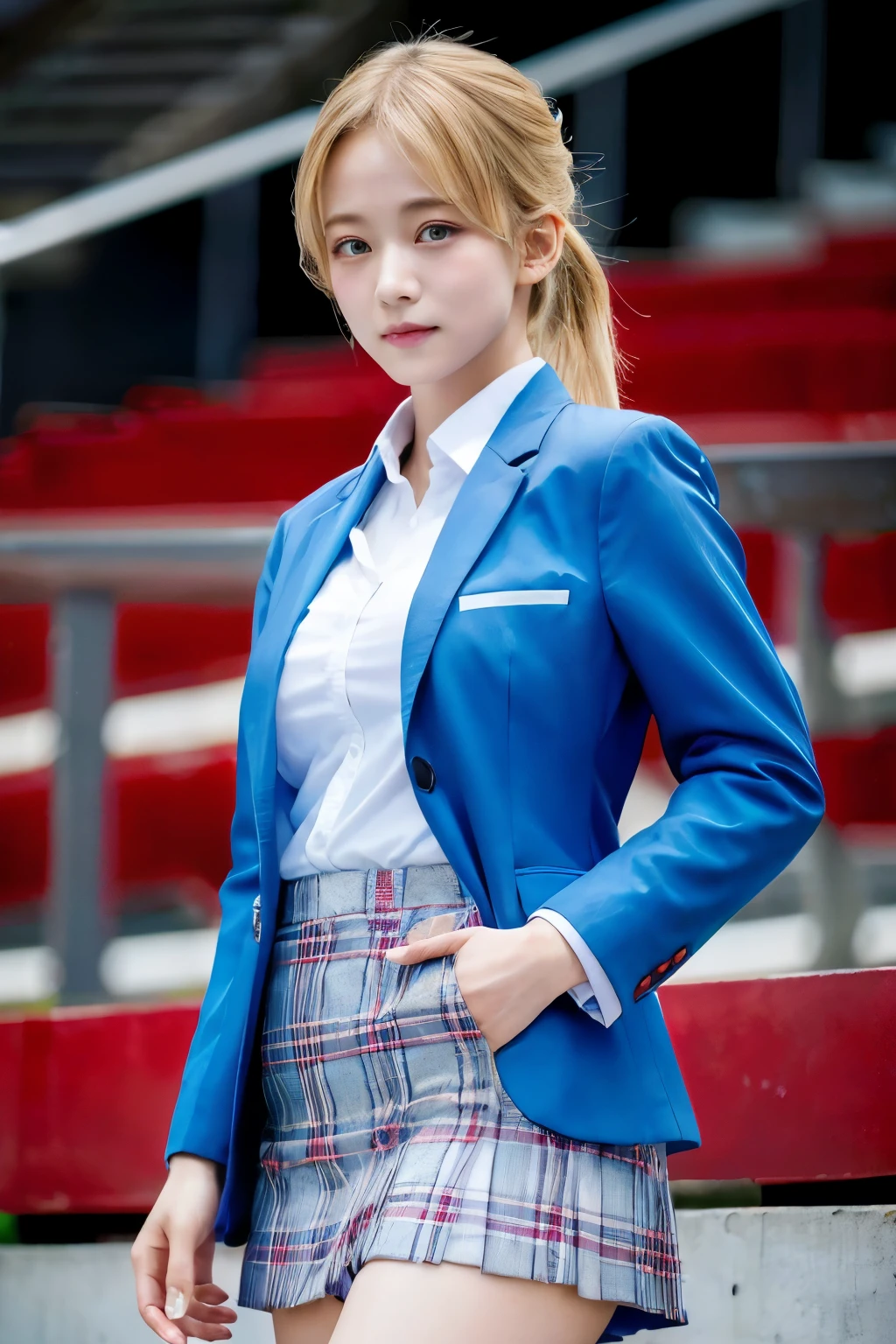 masutepiece,Best Quality,Ultra-detailed,finely detail,hight resolution,in 8K,((Photorealsitic:1.4,Raw photography,超A high resolution,Top image quality:1.4)),masutepiece、Best Quality、 ultra-detailliert、hight resolution、8K Wallpapers、Perfect dynamic composition,、Beautiful detailed eyes、(Beautiful breasts:1.1) 、Blue Blazer、student clothes、white shirt、red necktie、Plaid brown skirt、1girl in、a beauty girl、High school students、Blonde head hair、(a blond)short-cut、Hide your left eye with hair、Red Eyes、ssmile