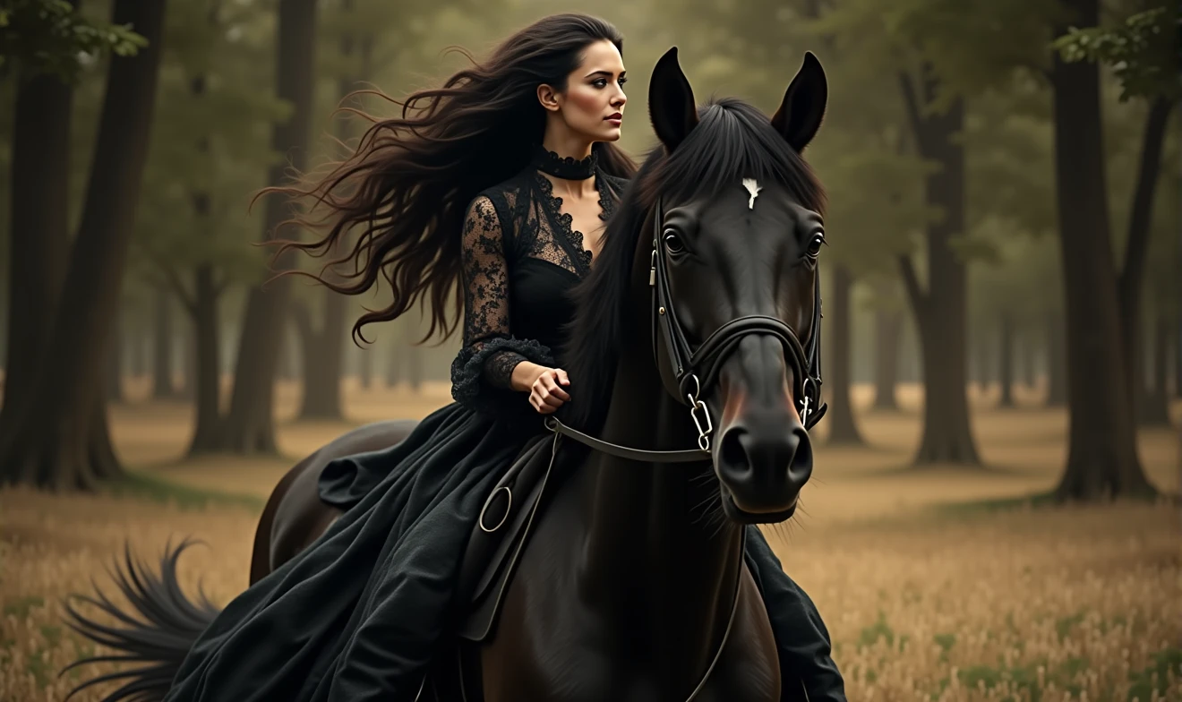 A woman resembling Monica Bellucci rides a black horse. Wavy hair, Victorian era, night, forest, full moon.