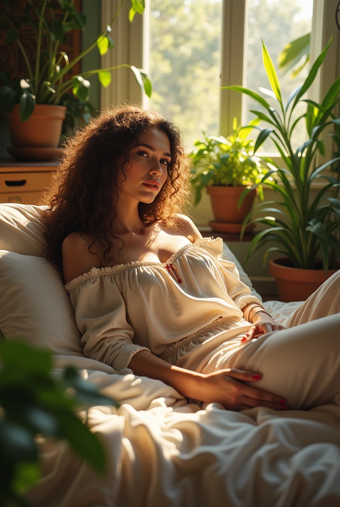(photorealism:1.2), beautiful woman, sitting on bed, wearing loose off-shoulder top, pajama pants, long curly hair, indoors, soft lighting, plants in background, window with sunlight, cozy room, relaxed pose, realistic, intricate details, warm colors, by Greg Rutkowski, by Alphonse Mucha