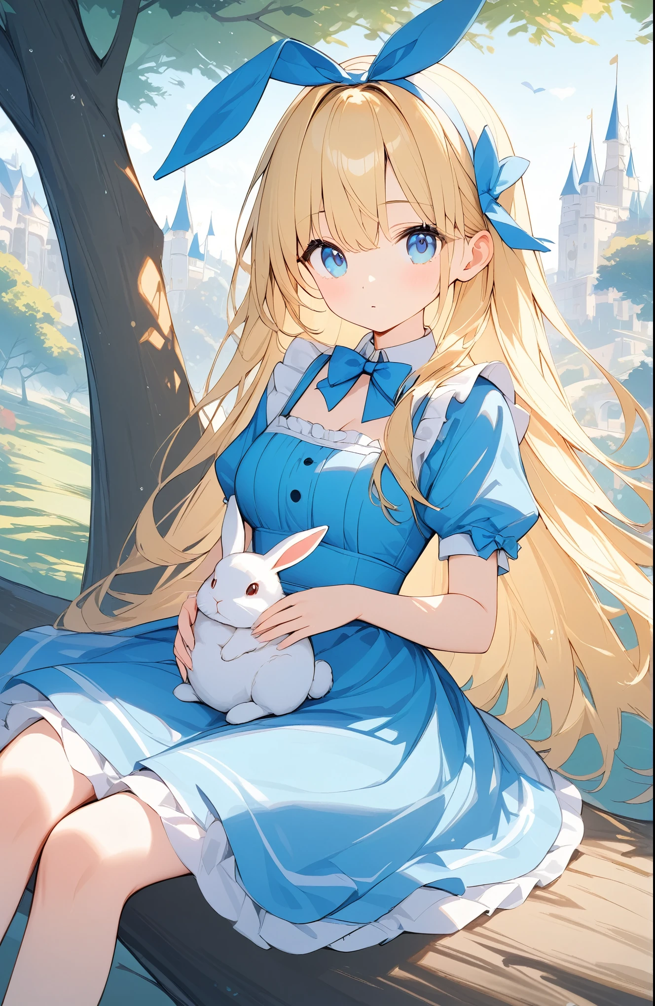 ((Amazingly absurd)),超High resolution, Attention to detail, high quality, High resolution, 最high quality, 4K, 8k,Fairytale background、Alice in Wonderland、Blue Costume、Blonde、Blue Eyes、Sitting on a tree、(Rabbit on lap:1.2)