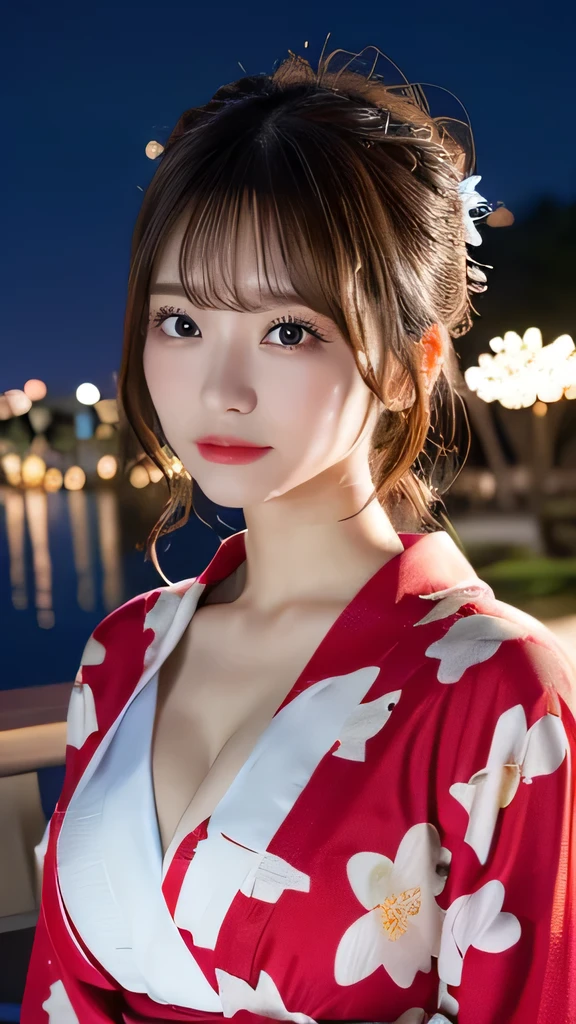 Tabletop, Highest quality, shape, Very detailed, High resolution, 8k wallpaper, Perfect dynamic composition, Ultra detailed face, Natural Lip,blazer , , whole body, Beautiful eyelashes on both eyes, Audience, looking at the camera, Fireworks venue, night, (Cute Yukata, yukata),The chest is exposed