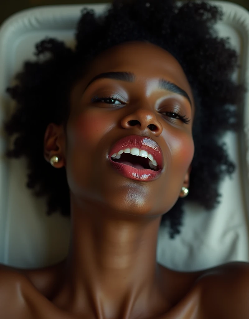 cute, Dark skin, teenager, beautiful face, deep ebony, showing breasts, NSFW, cum mess, on bed, sweaty