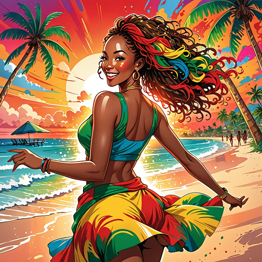 vectorial art, Lots of Jamaican Reggae, Authentic Jamaican Reggae Music Atmosphere,colorful illustrations, At the center, swirly vibrant colors, paint splashes and smears, high détail,
Bright red sunset,palm tree,beachfront,Rear view of women dancing