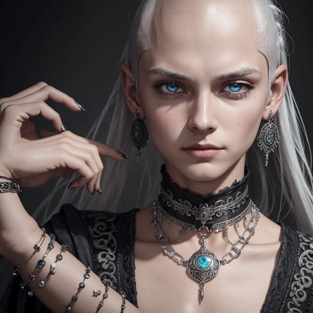 high quality, Rich in details, Bald silver haired boy . They wear vintage goth gothic clothing., wearing bracelets, colorful earrings and necklaces. The big ones are also visible.. The photo is a close-up of the face., with bare arms, bright Eyes, sweat on the forehead, and a sexy vibe.