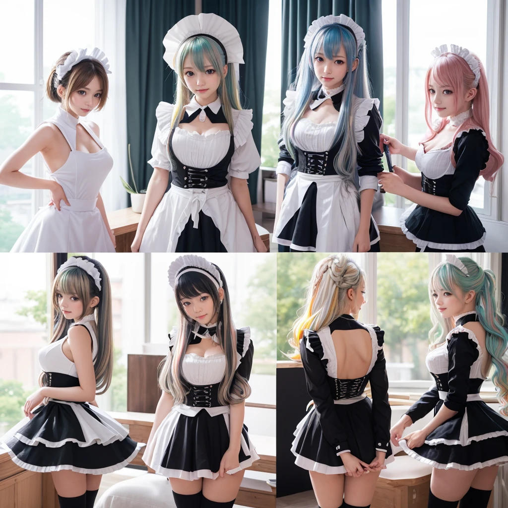 (Fisheye Lens Full Body wide Shot), (Extremely Detailed((Kawaii Maid Group in a row:1.37))), Childish perfect face, Reflective Eyes, Detailed(Delicate Clothing textures), Dynamic Joyful Expressions LifeLike Rendering, Specular Reflection, TopQuality 8K Ultra-detailed masterpiece (ProfessionalPhoto:1.37), (Acutance:0.8), (Luminism:1.28), (Renaissance art style), Colorful Light particles, ((Full body from side)), {MicroMini(SkirtLift)|Kissing|Hugging|Undressing}, Radiant Fine Skin with Transparency, (Exposed:0.5), (Different Types of Anime Hair Color Variations:1.6), Perfect Lighting