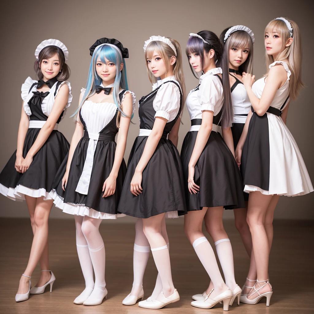 (Fisheye Lens Full Body wide Shot), (Extremely Detailed((Kawaii Maid Group in a row:1.37))), Childish perfect face, Reflective Eyes, Detailed(Delicate Clothing textures), Dynamic Joyful Expressions LifeLike Rendering, Specular Reflection, TopQuality 8K Ultra-detailed masterpiece (ProfessionalPhoto:1.37), (Acutance:0.8), (Luminism:1.28), (Renaissance art style), Colorful Light particles, ((Full body from side)), {MicroMini(SkirtLift)|Kissing|Hugging|Undressing}, Radiant Fine Skin with Transparency, (Exposed:0.5), (Different Types of Anime Hair Color Variations:1.6), Perfect Lighting