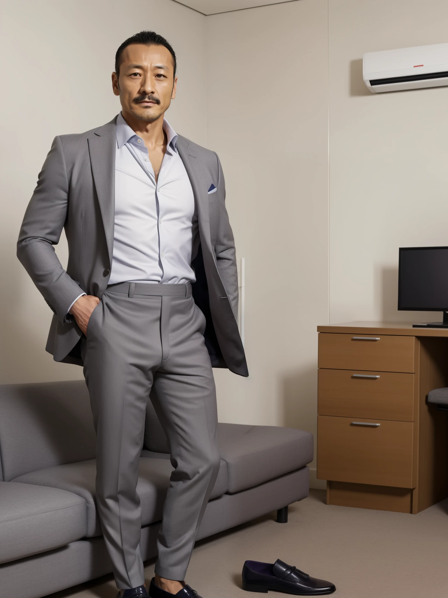 40 years old,Hidetoshi Nakata,(Kogoro Mori 1.3),whole body,Lean,muscle,office,grey socks,Suit,Feet raised,sofa,Baldhead ,transparent,Thick body hair,underwear,Topless,Densely hairy,Fortitude,HD,With a mustache