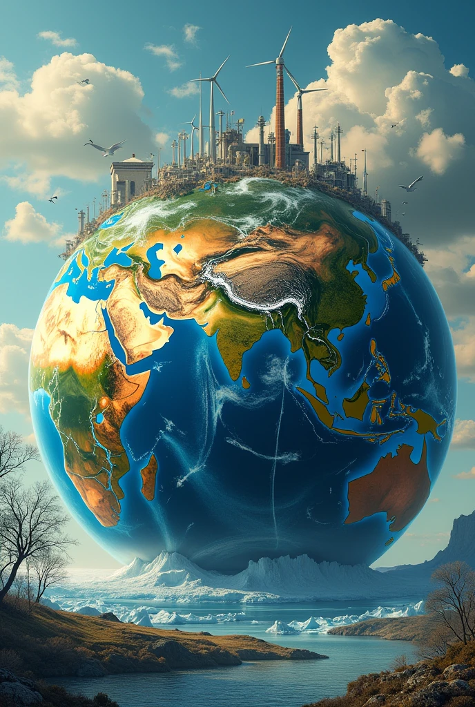 Earth in the center with positive and negative outcome around it. It includes technologies advancement, environmental pollution, global warming or climate change, loss of jobs, artificial intelligence and big population.
