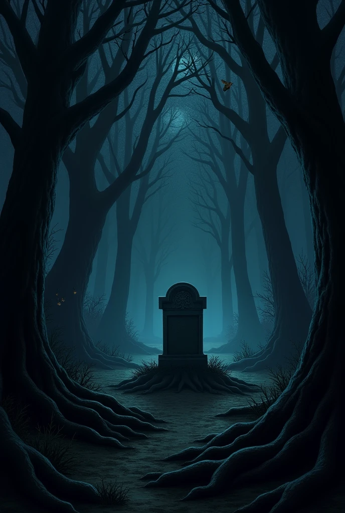 The forest is dense and dark at night with many tall trees and thick roots.,grave