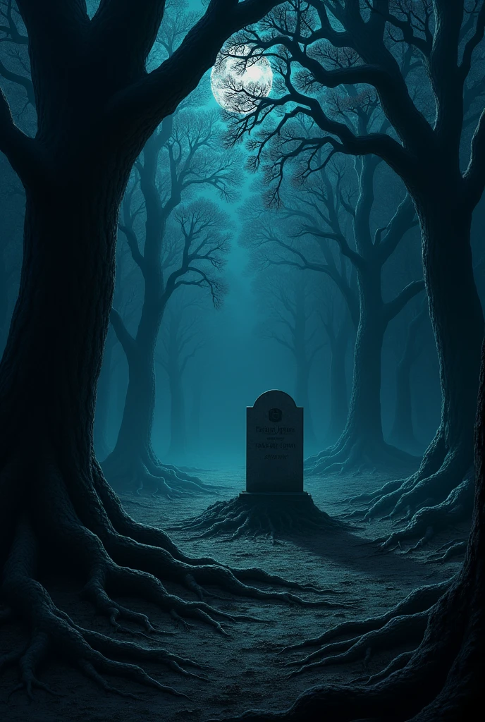 The forest is dense and dark at night with many tall trees and thick roots.,grave