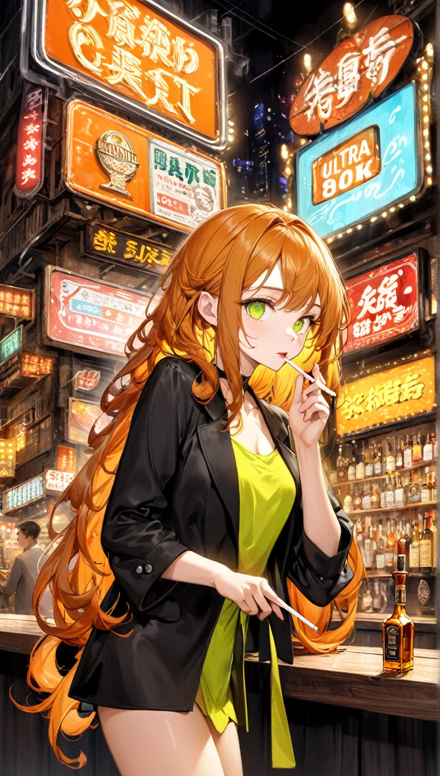 ((Highest quality,8k,32K,masterpiece,Ultra-high resolution :1.2 ),born,One person,Super cute,Natural light,Clear, shining eyes,20-year-old,Fair skin,Fantastic night city electronic world fantasy background,Orange Hair,Mature woman,Smoking a cigarette,liquor,bar,Shortcuts, Neon signboard, Fluorescent green or fluorescent orange background,Long Hair, Curled hair