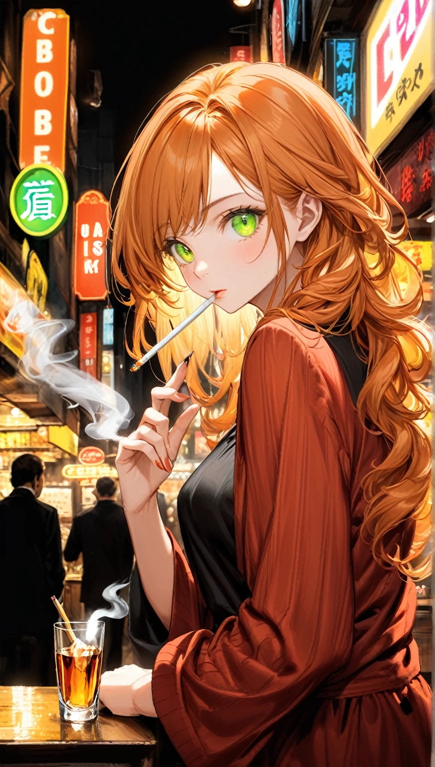 ((Highest quality,8k,32K,masterpiece,Ultra-high resolution :1.2 ),born,One person,Super cute,Natural light,Clear, shining eyes,20-year-old,Fair skin,Fantastic night city electronic world fantasy background,Orange Hair,Mature woman,Smoking a cigarette,liquor,bar,Shortcuts, Neon signboard, Fluorescent green or fluorescent orange background,Long Hair, Curled hair