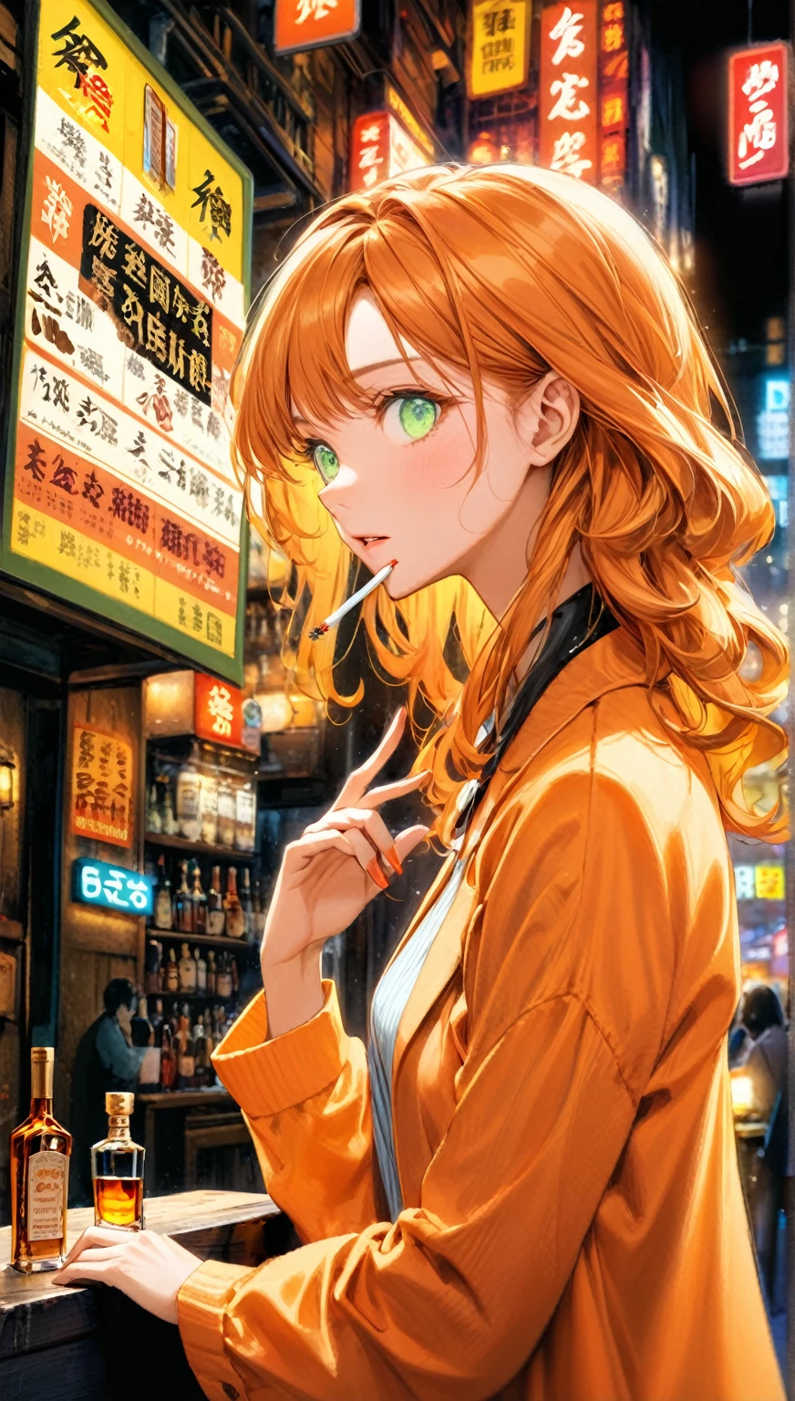 ((Highest quality,8k,32K,masterpiece,Ultra-high resolution :1.2 ),born,One person,Super cute,Natural light,Clear, shining eyes,20-year-old,Fair skin,Fantastic night city electronic world fantasy background,Orange Hair,Mature woman,Smoking a cigarette,liquor,bar,Shortcuts, Neon signboard, Fluorescent green or fluorescent orange background,Long Hair, Curled hair