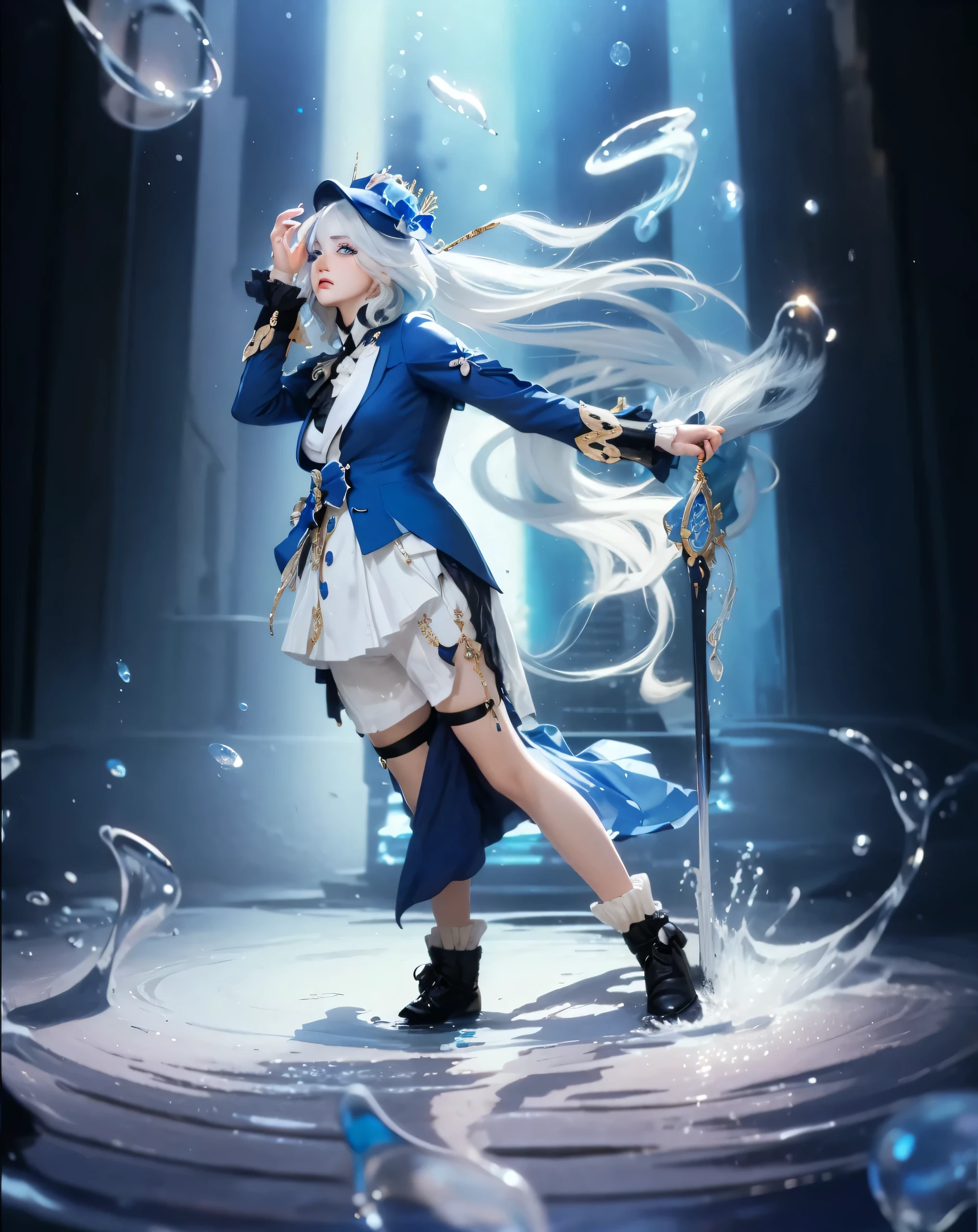 ( FURINA_GENSHIN IMPACT),((realistic, photorealistic)),(highlight hair)), Light reflection, (( HD )),((upper body)), (((best quality, masterpiece))), (masterpiece) (best quality) (detail) (8k) (HDR) (wallpaper) (cinematic lighting) (sharp focuasterpiece, best quality: 1.1), Real life adaption of this character, realistic outfit, realistic shadow, realistic light, realism, hyper realistic, realistic background,realistic hair,(photorealistic:1.2), (masterpiece: 1.2), (best quality: 1.3), (clear details: 1.3), ((((ultra-detailed)))), ((detailed eyes)), (extremely detailed face:1.4), (highly detailed eyelash:1.6), Ada_re4, (sitting),(beautiful face:1.5), (Masterpiece, Top Quality: 1.2), masterpiece, best quality, highrens, 4k resolution, minimalism, 1 girl,solo, , Furina, blue style, nature, cute eyes, ornament hair, white hair, blue dress, hat, blushing, hands up, Water reflection, spotlight, water element stick, floating water, splash water, Long white hair floating, glow effect,Head position looking up,