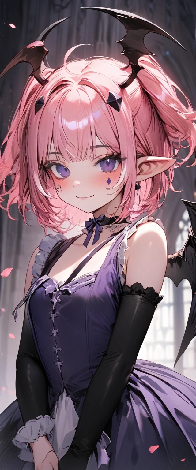 UHD, masterpiece, best quality, extremely detailed, anatomically correct, sharp focus, Midnight, gloomy atmosphere, Church, altar isle, 1girl, solo, camilavtuber, pink hair, short hair, shoulder length hair, (black head wings:1.2), (twin ponytail), dark purple eyes:1.1, (facial mark), small mouth, closed mouth, smiling, crucifix choker, black arm sleeves, slim arms, black gloves, small chest, 1 devil wing, single wing, ((dark purple gown)), frilly gown, slim legs, black stockings, (black high heels), (full body) , (close-up), innocent pose, eye-level shot, front view, innocent pose, scattered pink petals