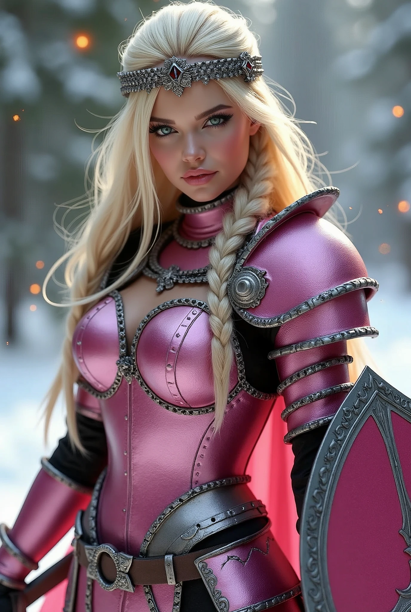 ((portrait, upper torso, armored female paladin, battle worn gloss pink lacquered perfectchainmail armor:0.4, alabaster cloak, (((((big tits, huge breasts, large chest, Barbie, topless))), [bright blonde hair:dark hair:0.8]))), clear green eyes, blackout eyeshadow, iron circlet), braids, glowing radiant white star engraved sword, shield, sparks, windy, outdoor frozen snow snowy forest, dynamic battle pose

