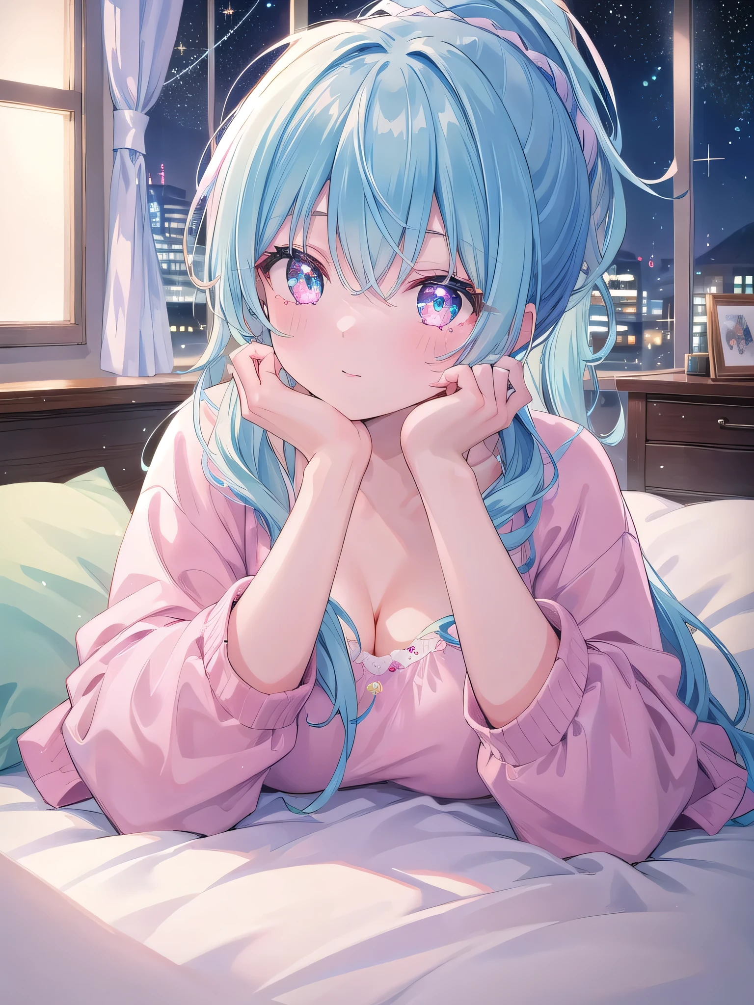 ((8k, Highest quality, masterpiece: 1.3)),Ultra-high resolution,(1 person, alone), (Color changing eyes, Very detailed, The brilliance of expression, Glitter, Glowing Eyes), Very detailed目, Very detailed顔, Random Hair, ((pastel colour)),Elegant young woman with pastel blue hair in a ponytail, quiet night、Lying on the bed in a bedroom bathed in soft light. She&#39;s dressed in a modest yet subtly charming fairytale princess costume, long, A loose dress with delicate lace details, simple tiara, And bare feet. The camera、The photo shows her leaning back on the pillow from a slightly elevated angle.。, Her expression was dreamy and relaxed. The room is softly lit by bedside lamps., There are several fairy tale books scattered on the bed., Luxurious rug on the floor, A small chandelier hangs from the ceiling., Creates an atmosphere of magical serenity and subtle charm.