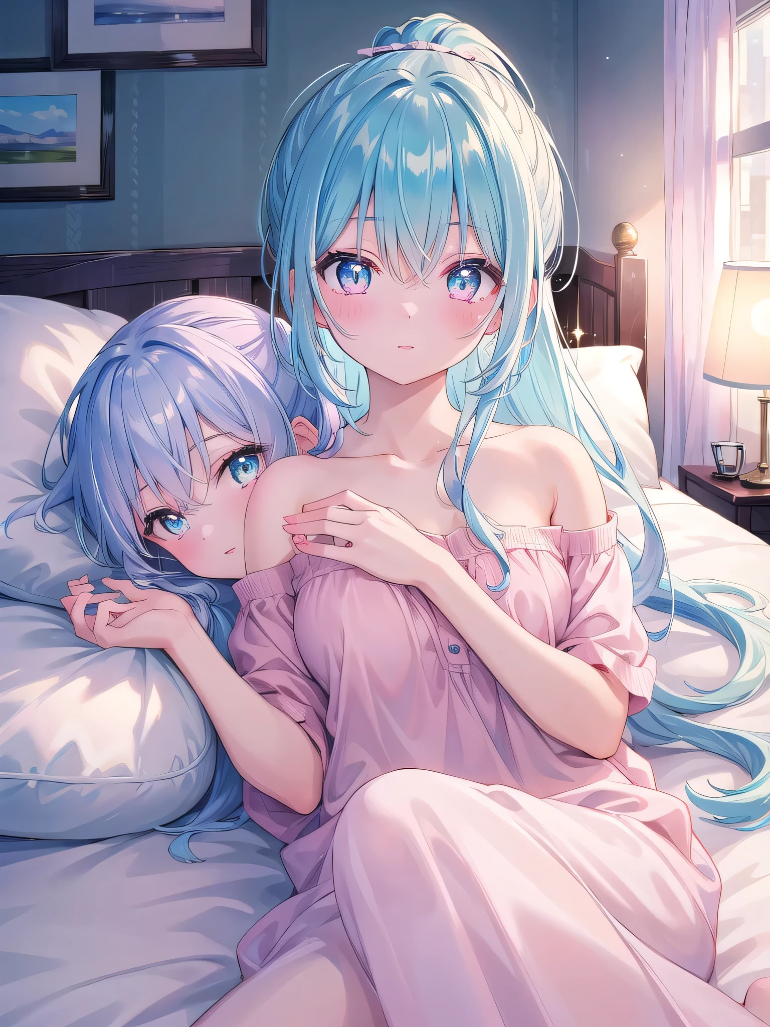 ((8k, Highest quality, masterpiece: 1.3)),Ultra-high resolution,(1 person, alone), (Color changing eyes, Very detailed, The brilliance of expression, Glitter, Glowing Eyes), Very detailed目, Very detailed顔, Random Hair, ((pastel colour)),Elegant young woman with pastel blue hair in a ponytail, quiet night、Lying on the bed in a bedroom bathed in soft light. She&#39;s dressed in a modest yet subtly charming fairytale princess costume, long, A loose dress with delicate lace details, simple tiara, And bare feet. The camera、The photo shows her leaning back on the pillow from a slightly elevated angle.。, Her expression was dreamy and relaxed. The room is softly lit by bedside lamps., There are several fairy tale books scattered on the bed., Luxurious rug on the floor, A small chandelier hangs from the ceiling., Creates an atmosphere of magical serenity and subtle charm.