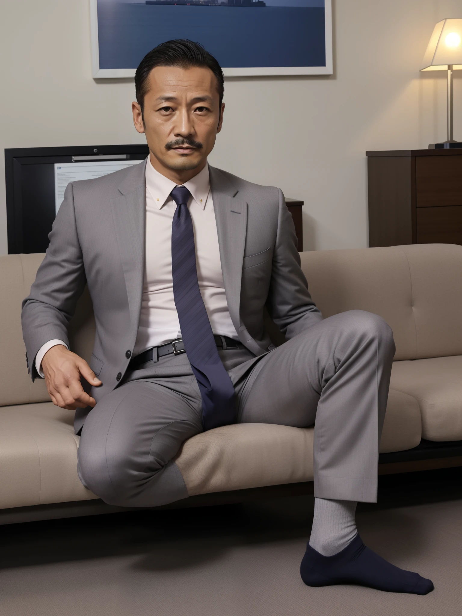 40 years old，Hidetoshi Nakata，（Kogoro Mori 1.3），whole body，Lean，muscle，office，grey socks，Suit，Feet raised，sofa，Baldhead ，transparent，Thick body hair，underwear，Topless，Densely hairy，Fortitude，HD，With a mustache