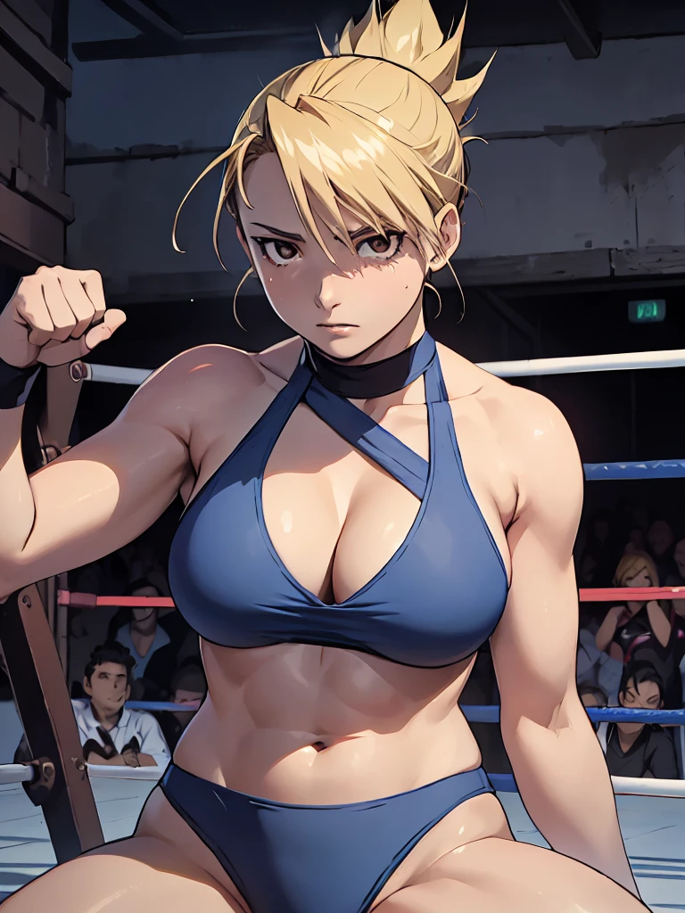 masterpiece, Highest quality, High resolution, One Girl, Hamriz, ponytail, Brown eyes,big , マイクロbikini、Cowboy Shot、Muscular body、blush、Sweat、Composition from the front、anime、(((Light blue bikini、Stand in front、audience、Shaking breasts、 Fully exposed、I-shape balance、Spread your legs、Kick、Look forward)))、((Wrestling Arena)), (Female wrestler), (Slender body, 発Sweat, tired), Mature Woman, Mature Woman, (bikini, Very sophisticated wrestling equipment) 