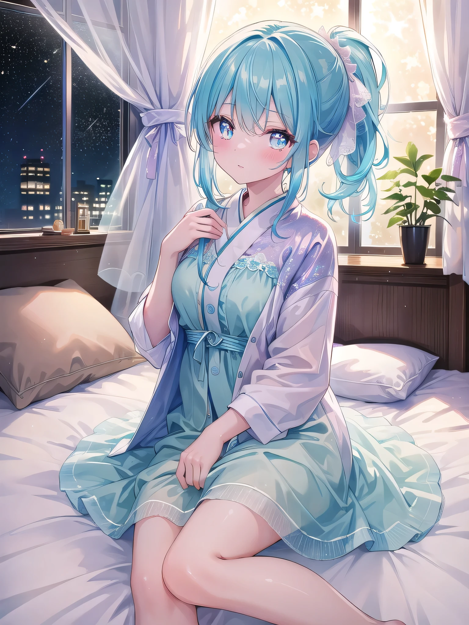 ((8k, Highest quality, masterpiece: 1.3)),Ultra-high resolution,(1 person, alone), (Color changing eyes, Very detailed, The brilliance of expression, Glitter, Glowing Eyes), Very detailed目, Very detailed顔, Random Hair, ((pastel colour)),Elegant young woman with pastel blue hair in a ponytail, quiet night、Lying on the bed in a bedroom bathed in soft light. She&#39;s dressed in a modest yet subtly charming fairytale princess costume, long, A loose dress with delicate lace details, simple tiara, And bare feet. The camera、The photo shows her leaning back on the pillow from a slightly elevated angle.。, Her expression was dreamy and relaxed. The room is softly lit by bedside lamps., There are several fairy tale books scattered on the bed., Luxurious rug on the floor, A small chandelier hangs from the ceiling., Creates an atmosphere of magical serenity and subtle charm.