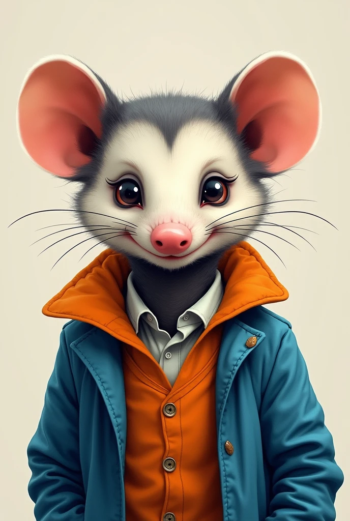 create the image of a front-facing opossum, with blue and orange clothes