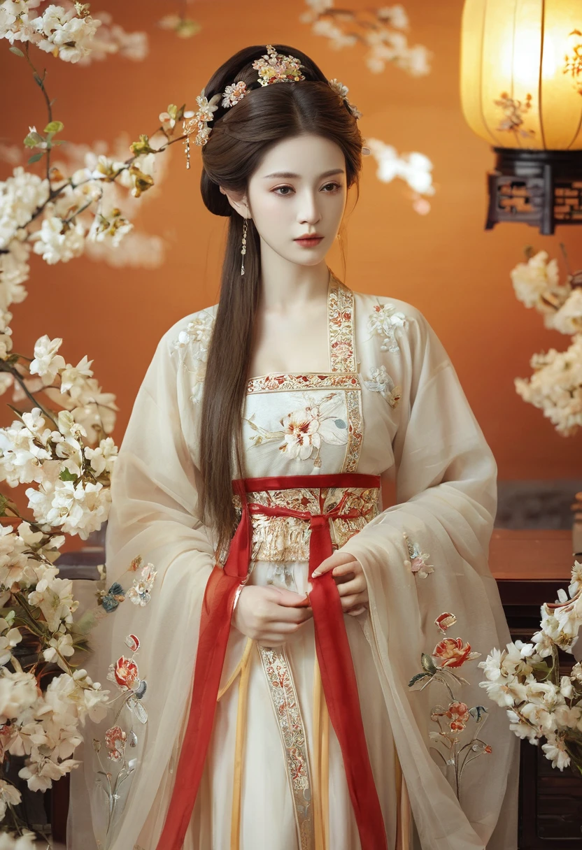 best quality,masterpiece,high resolution,(Delicate figure:1.5),Beautiful face,(Milky white skin:1.3),Intricate details,high resolution,wallpaper,1 Girl,Solitary,skirt,Hair accessories,(((gold and red skirt))),Flowers,Long hair,Brown hair,Shut up,Jewelry,Long sleeve,Wide sleeves,big eyes,Flowing hair,Chinese clothes,Hanfu,embroidery,Long skirt,Natural posture,Falling Flowers,indoor,Fanning,lantern,16K,HDR,high resolution,Depth field,(Film Grain:1.1),This book,Prime Time,(lens flare),Vignette,rainbow,(Color grading:1.5),(Large Breasts:1.2),(Upper Body:1.3),Looking at the audience,