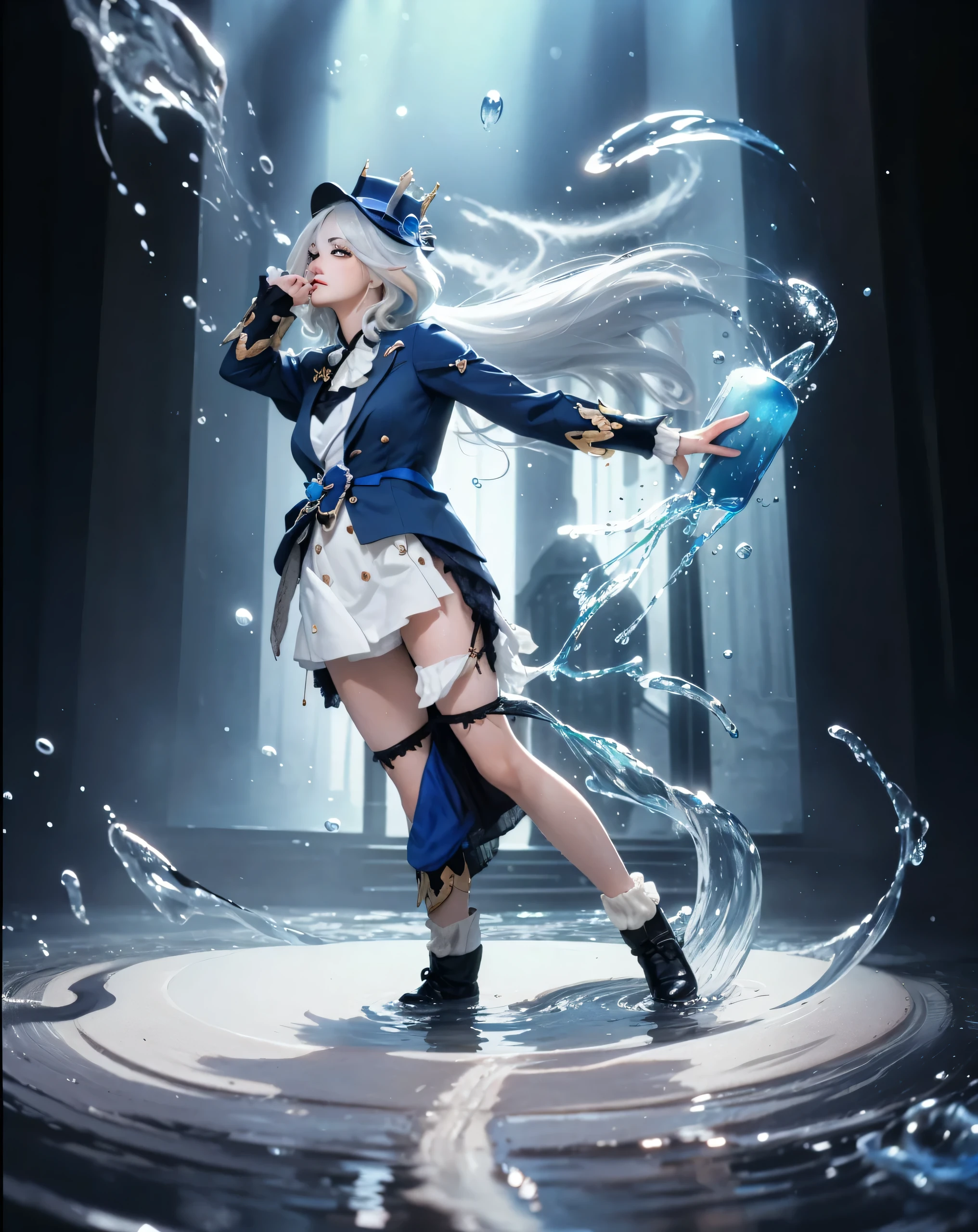 ( FURINA_GENSHIN IMPACT),((realistic, photorealistic)),(highlight hair)), Light reflection, (( HD )),((upper body)), (((best quality, masterpiece))), (masterpiece) (best quality) (detail) (8k) (HDR) (wallpaper) (cinematic lighting) (sharp focuasterpiece, best quality: 1.1), Real life adaption of this character, realistic outfit, realistic shadow, realistic light, realism, hyper realistic, realistic background,realistic hair,(photorealistic:1.2), (masterpiece: 1.2), (best quality: 1.3), (clear details: 1.3), ((((ultra-detailed)))), ((detailed eyes)), (extremely detailed face:1.4), (highly detailed eyelash:1.6), Ada_re4, (sitting),(beautiful face:1.5), (Masterpiece, Top Quality: 1.2), masterpiece, best quality, highrens, 4k resolution, minimalism, 1 girl,solo, , Furina, blue style, nature, cute eyes, ornament hair, white hair, blue dress, hat, blushing, hands up, Water reflection, spotlight, water element stick, floating water, splash water, Long white hair floating, glow effect,Head position looking up,