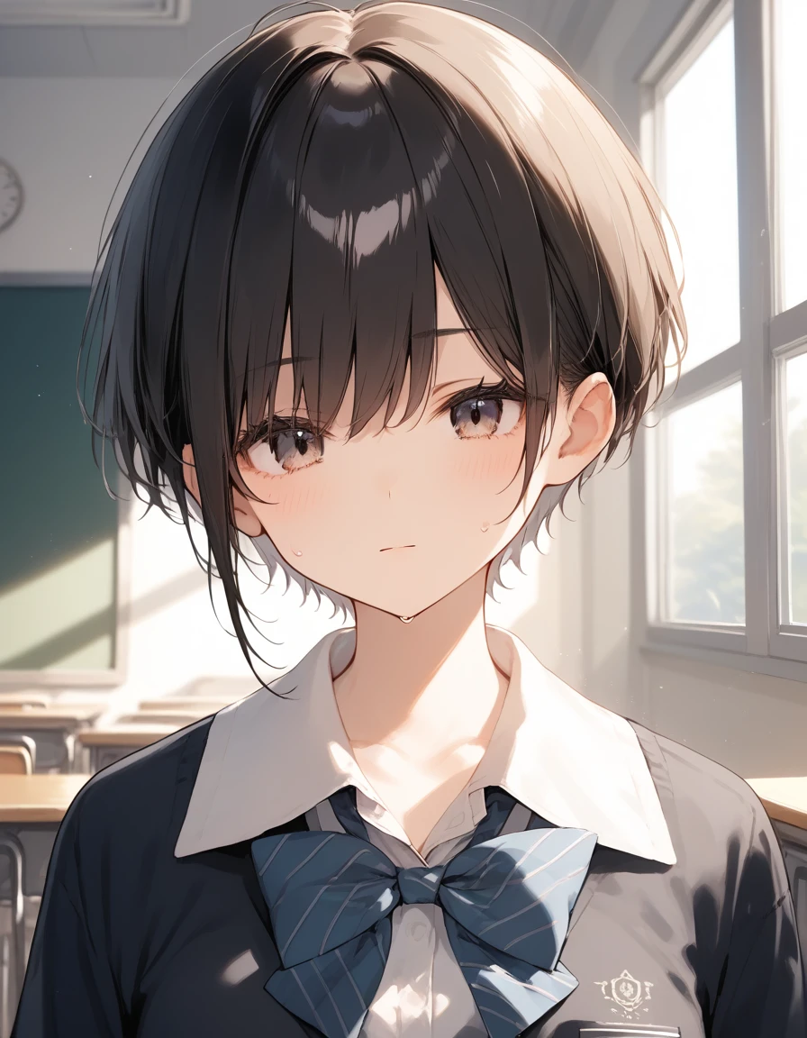 score_9, score_8_up, score_7_up, source_anime, best quality, masterpiece, official art, absurdres, highres, ultra-detailed,waifu2x,Collection: Pixiv 1000,break,1girl, school girl, very short hair, pixie cut, medium breasts, slender, thighs, beautiful detailed eyes, expressionless, sweat, sleepily, (disgust:0.3), pov, school classroom, indoors, break,(clear line illustration:1.2), super detailed skin, shiny skin, very high resolution, very aesthetic, Best sexual lighting powered by famous artist, 4k, 8k, 16k, cute picture, beauty illustration,photoshop_(medium),,(Detailed Lighting),best anime 8k konachan wallpaper, pixiv contest winner,