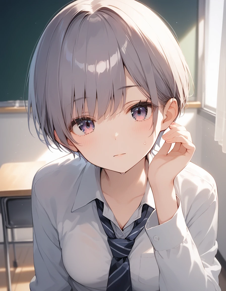 score_9, score_8_up, score_7_up, source_anime, best quality, masterpiece, official art, absurdres, highres, ultra-detailed,waifu2x,Collection: Pixiv 1000,break,1girl, school girl, very short hair, pixie cut, medium breasts, slender, thighs, beautiful detailed eyes, expressionless, sweat, sleepily, (disgust:0.3), pov, school classroom, indoors, break,(clear line illustration:1.2), super detailed skin, shiny skin, very high resolution, very aesthetic, Best sexual lighting powered by famous artist, 4k, 8k, 16k, cute picture, beauty illustration,photoshop_(medium),,(Detailed Lighting),best anime 8k konachan wallpaper, pixiv contest winner,